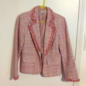 Classic woman pink tweed textured plaid with fringe blazer